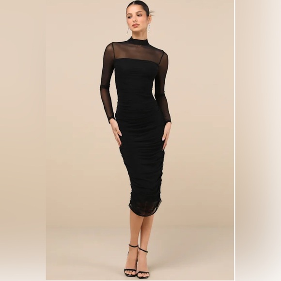Lulus Dresses & Skirts - LULU'S Impressive Flirt Black Mesh
Ruched Mock Neck Midi Dress in BLACK